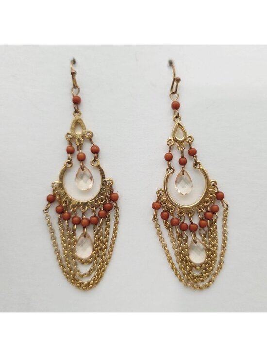 Unbranded Jewelry - Gold-Tone Boho Dangle Earrings Chains Beads & Clear Crystal Accents Chandelier